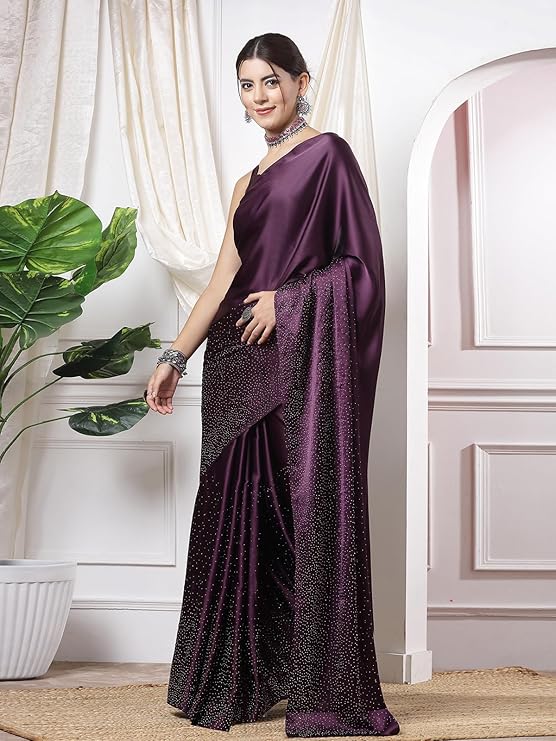 SERONA Women's Satin Silk Saree with Elegant Hot Fix Stone Work and Unstitched Matching Blouse Piece