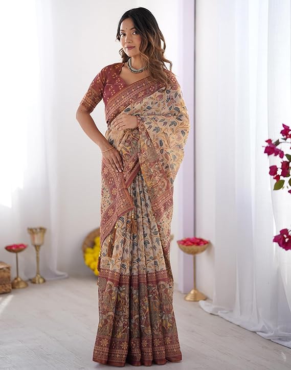 Women's Cotton Linen Printed Handloom Saree with Unstitched Blouse Piece for Elegant Look