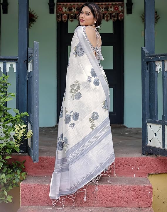 Wensora Women's Cotton Linen Saree with Elegant Printed Design and Unstitched Blouse Piece