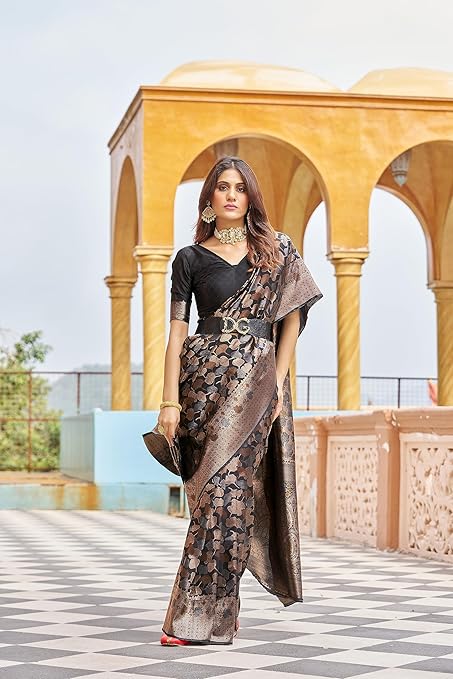 SAREVIA Women’s Kanjivaram Silk Saree with Elegant Zari Weaving and Matching Blouse Piece