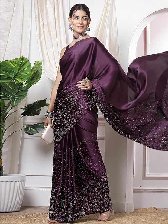 SERONA Women's Satin Silk Saree with Elegant Hot Fix Stone Work and Unstitched Matching Blouse Piece