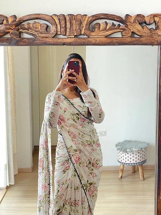 Silvoria Women's Georgette Digital Printed Ready-to-Wear One Minute Saree with Unstitched Blouse Piece