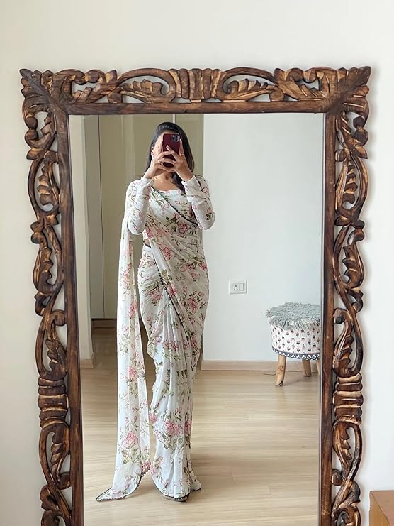 Silvoria Women's Georgette Digital Printed Ready-to-Wear One Minute Saree with Unstitched Blouse Piece