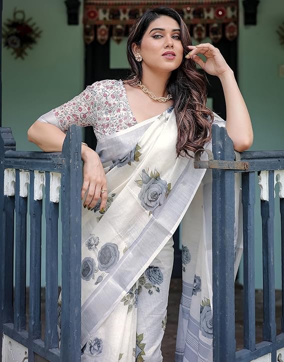 Wensora Women's Cotton Linen Saree with Elegant Printed Design and Unstitched Blouse Piece