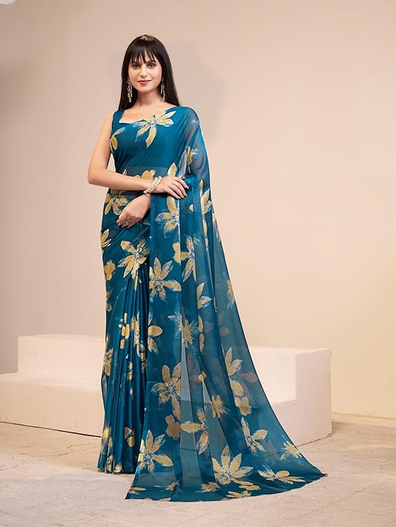 Grace Viona Women’s Elegant Floral Print Nara Chiffon Saree – Lightweight & Stylish Saree 59599