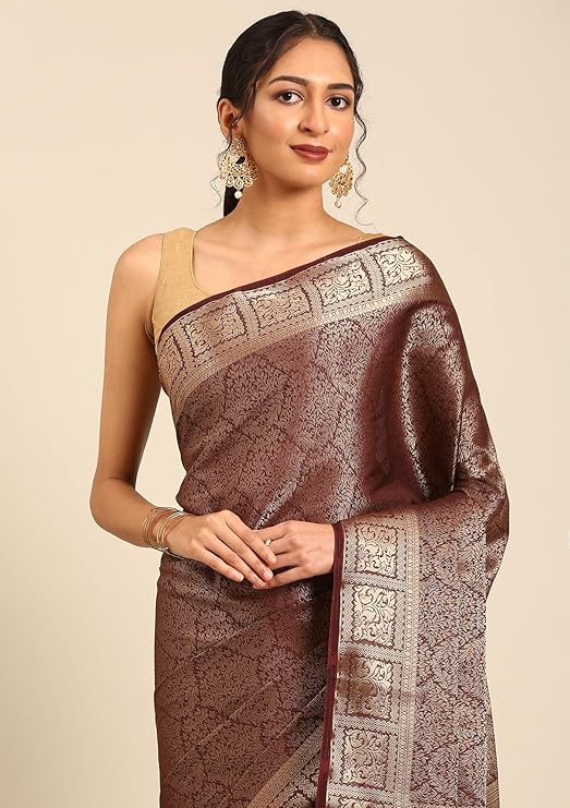 TAVIRA Brocade Crepe Saree in Nylon-Blend with Elegant Leaf Design, 4″ Border, Coordinated Pallu & Blouse