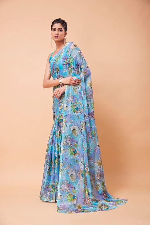 Glevara Chiffon Saree with Elegant Floral Print, Lightweight Fabric, Stylish Ethnic Wear for Women