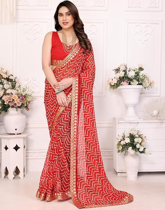 Yarona Women's Georgette Saree with Elegant Prints, Lace Border Detailing and Matching Blouse Fabric