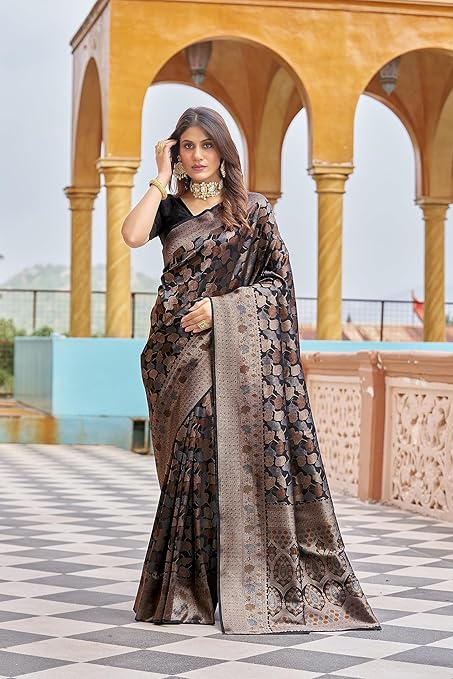 SAREVIA Women’s Kanjivaram Silk Saree with Elegant Zari Weaving and Matching Blouse Piece