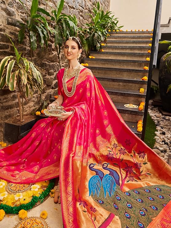 Eleganzia Women's Paithani Silk Blend Woven Saree with Matching Blouse Piece for Traditional Wear