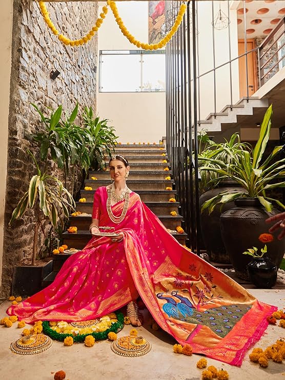 Eleganzia Women's Paithani Silk Blend Woven Saree with Matching Blouse Piece for Traditional Wear